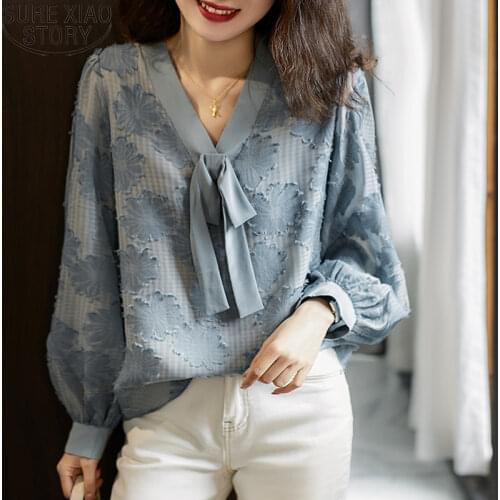 Casual Blue Blouse Floral Appliques Fashion V-neck Lace-up Bow Shirt Plus Size Women Clothing Loose Blouse Thin Clothes 13443