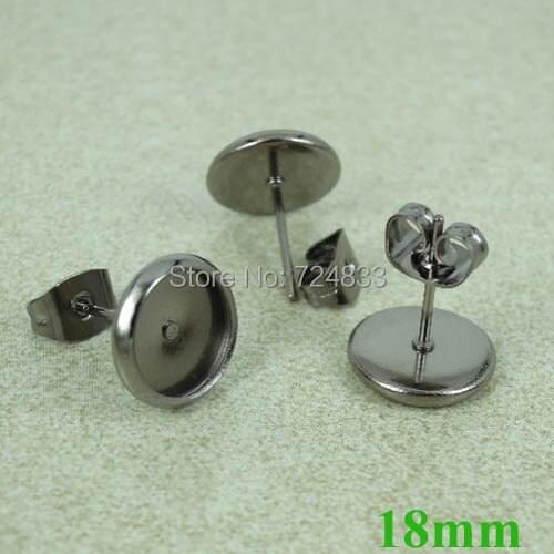 18mm Gunmetal Black tone Blank Earrings Bases Round Bezel Stud Pin Earrings Post w/ Stopper Earring Settings Findings Wholesale