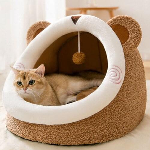 Warming Cat Tent Bed Cuddle Cave Winter Soft Dog Bed Cute Bear House Hut for Indoor Cats Kitten Nest Puppy Pet Sleeping Houses