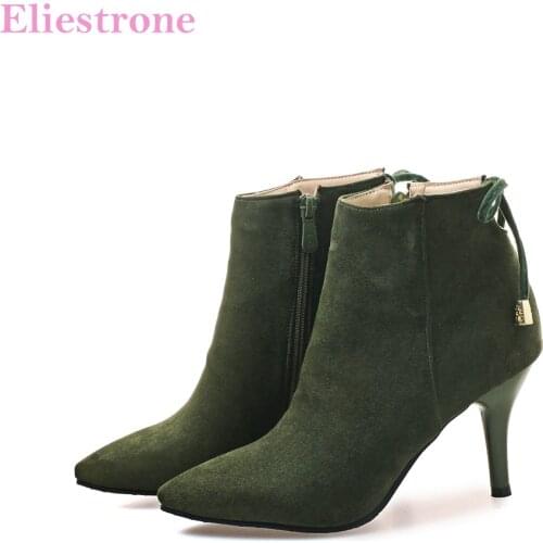 Brand New Winter Comfortable Army Green Red Women Ankle Dress Boots Lady Shoes Stiletto Heel AC2090 Plus Big Size 10 32 43 46