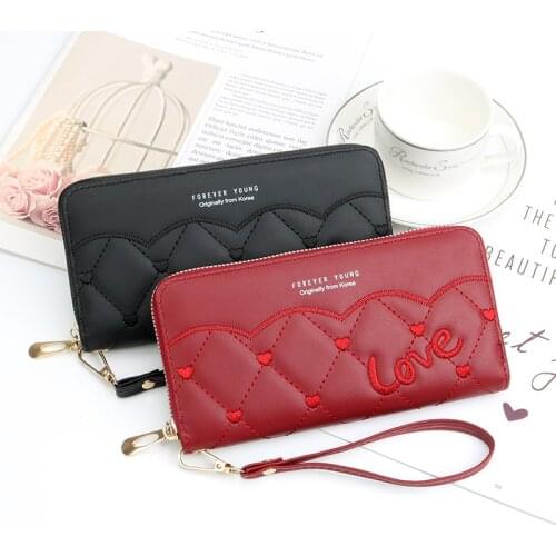 Womens Wallets Purses Embroidered Plaid PU Leather Long Wallet Zipper Phone Bag Money Coin Pocket Card Holder Female Handbag