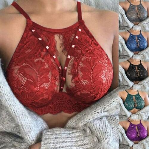 New Fashion Women Lace Hollow Rivet Sexy Bras Oversized Female Solid Transparent Lingerie Underwear ropa interior femenina