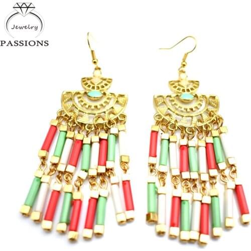 PASSIONS 2017 Vintage Bohemian Ethnic Earrings Maxi Brincos Colorful Long Drop Earrings Gold Plate Bead Tassel Earings For Women