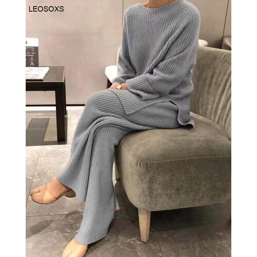 Womens Long-sleeved Solid Color Knitted Casual Two-piece Suit Is Not A Sweater Round Neck Loose Home Female Set