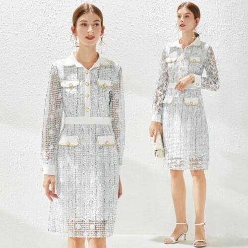 Summer Elegant Pearl Button Lace Shirt Dress Festa Female High Quality Long Sleeve Floral Print Plaid Knee-length Pencil Dress