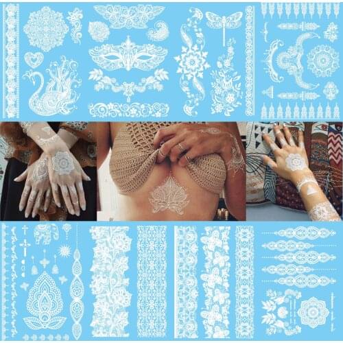 White Lace Temporary Tattoo Sticker For Women Sexy Mandala Henna Bride Wedding Decoration Fake Tatoos Body Art Bracelet Sticker