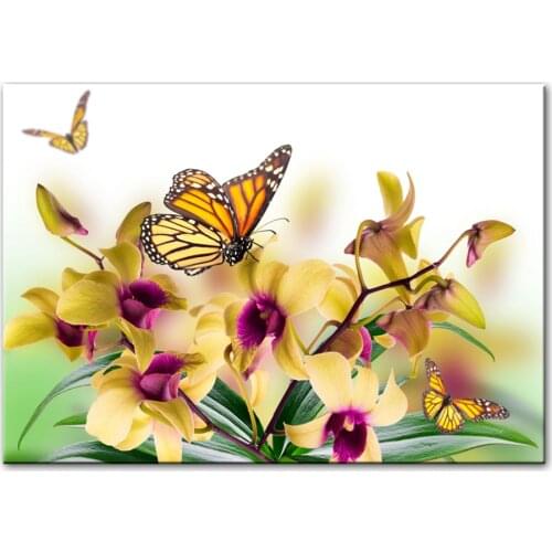 Orchid Flowers Wall Art Canvs Prints Butterflies Yellow Fower Canvs Paintings On The Wall Pictures For Living Room Cuadros Decor