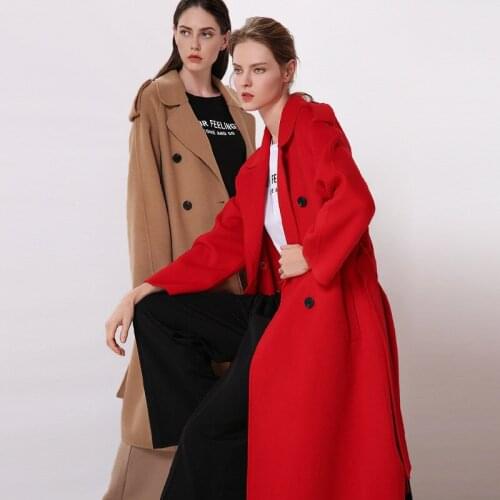 Long woolen blends cashmere coats for women 2019 autumn winter ladies jackets plus size overcoat double sided red coffee quality