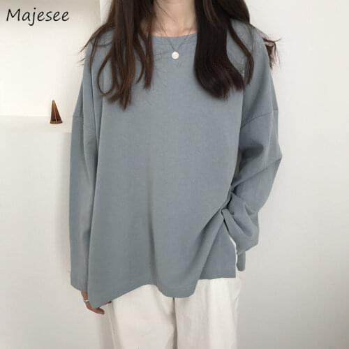 T-shirts Long Sleeve Solid Tees O-Neck Slit Side Oversize 2XL Loose Lazy Daily All-match Kpop Womens Ulzzang Ins Hipster Basic