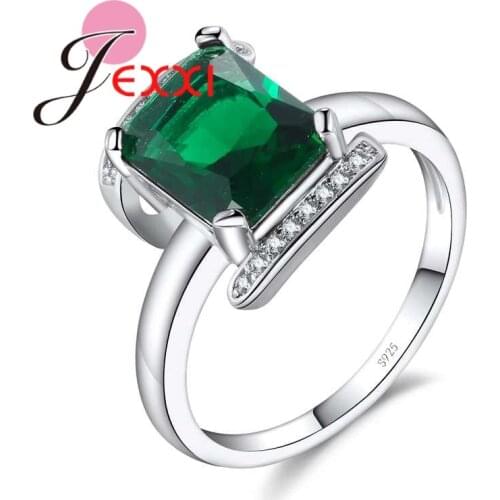 Hot Simple 925 Sterling Silver Green Square Crystal Rings For Women Party Birthday Gift Fashion Wedding Engagement Anillos