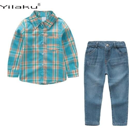 Yilaku children clothing set boy clothes blue Plaid shirt+jeans pants 2pcs kid autumn suit long sleeve boys clothes set CF570