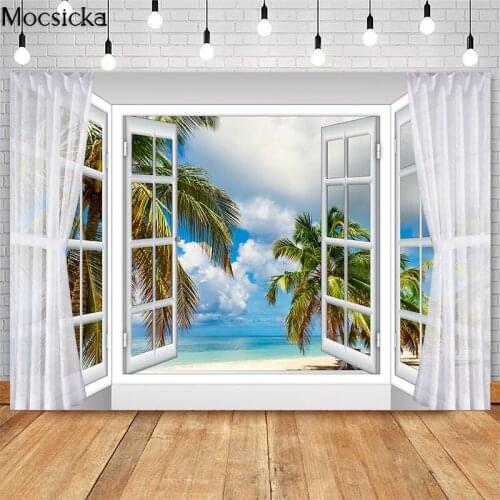 Summer Beach Backdrop Tropical Sea Window Hawaii Seaside Photography Background Birthday Holiday Party Home Wall Decor Banner