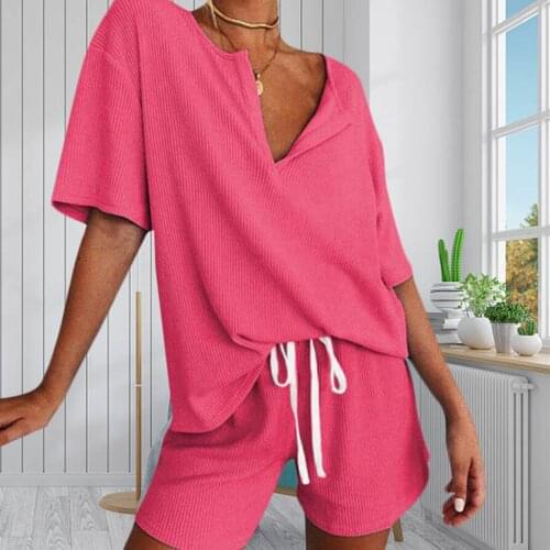 Summer Women 2 Pieces Pajamas Set New Womens Outfit Lounge Sleepwear Set Solid Leisure Pajamas Set V-Neck Home Wear 2021