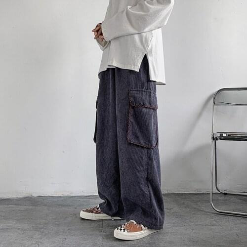 Baggy Corduroy Pants Men Fashion Retro Pocket Cargo Pants Men Streetwear Loose Hip-hop Straight Wide-leg Pants Mens Trousers
