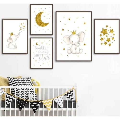Cute Cartoon Elephant Star Moon Nursery Wall Art Canvas Painting Nordic Posters And Prints Wall Pictures Baby Kids Room Decor