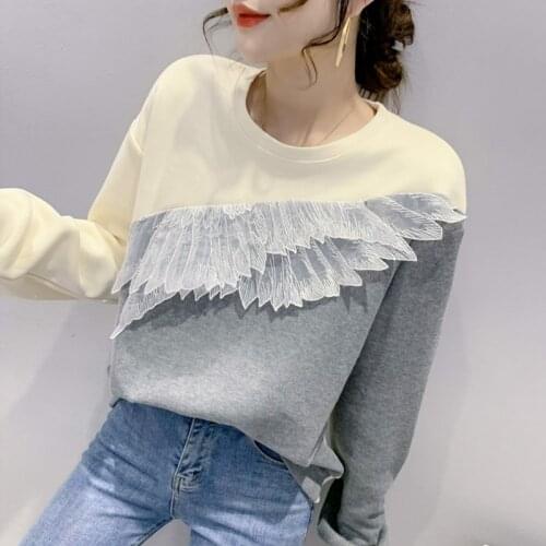 Fashion Oversized Women Sweatshirts Lace Patchwork Hoodies Women Casual Long Sleeve Loose Tops Streetwear Crewneck Sweatshirt