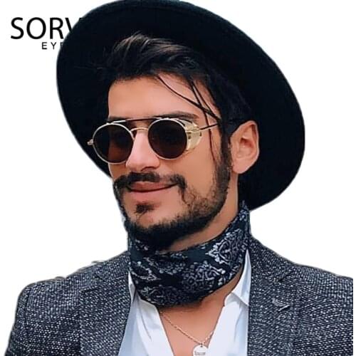 SORVINO Designer Steampunk Oval Sunglasses Men 90s Retro Mens Blue Mirror Hipster Gothic Round Sun Glasses Fashion Shades SP242