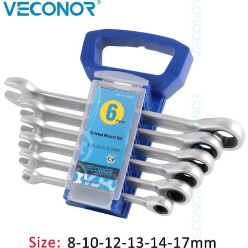 6Pcs Ratchet Wrench Keys Set Ratcheting Spanner Tools 8-17mm Dull Polish 72T Fixed Ratchet Head Multi Tools with Free Rack