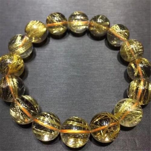 13mm Natural Brazil Gold Rutilated Bracelet Jewelry For Women Man Gift Round Beads Quartz Titanium Crystal Stretch Strands AAAAA
