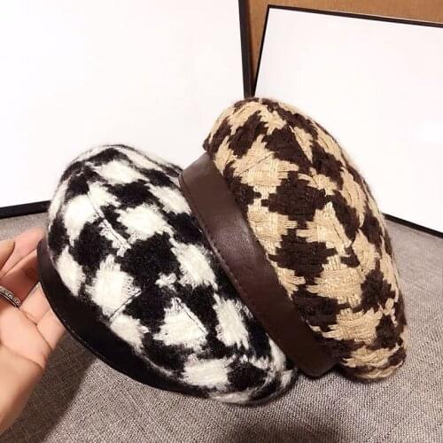 New Winter Elegant Tweed Plaid PU Leather Brim Lady Beret Hat Men Women Casual Keep Warm Painter Hat Octagonal Hat High Quality