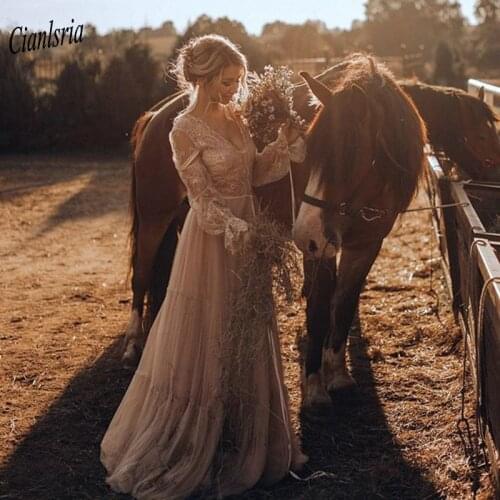 Charming 2020 Off The Shoulder Long Country Wedding Dresses With Sashes V-Neck Long Sleeve Lace Top Custom Made Wedding Dress