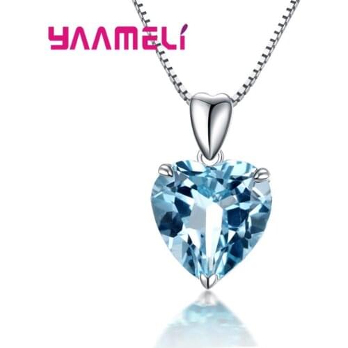 925 Sterling Silver Necklace Pendant Heart Blue Zircon Crystal Stone Renctangle Chain Fashion Women Jewelry Wedding Promise Gift