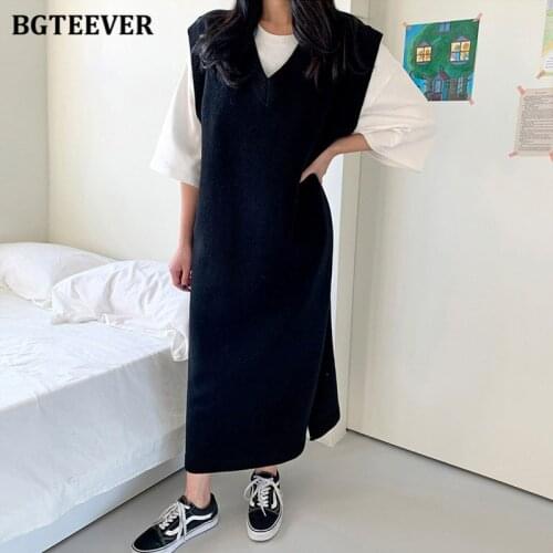BGTEEVER Oversized Casual V-neck Women Knitted Dress Fashion Loose Side Split Female Sweaters Vest Dress 2021 Autumn Vestidos