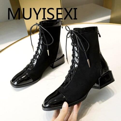 Square toe genuine leather lace up zipper 3.5cm med heels casual keep warm fashion dating concise all-match boots YT15 MUYISEXI