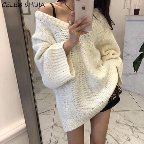 Gray Loose Womans Sweaters V-neck Long-sleeve Korean Knitting Pullover Woman New Autumn Thicken Warm Knit Jumper Fall
