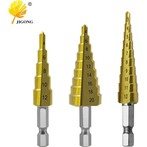 JIGONG 3pcs/Set Titanium Step Drill Bits HSS Power Tools High Speed Steel Hole Cutter Wood Metal Drilling 3-12mm 4-12mm 4-20mm