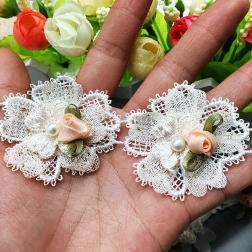 10x Pearl Beaded Flower Embroidered Lace Trim Ribbon Floral Applique Patches Dress Fabric Sewing Craft Vintage Light Pink