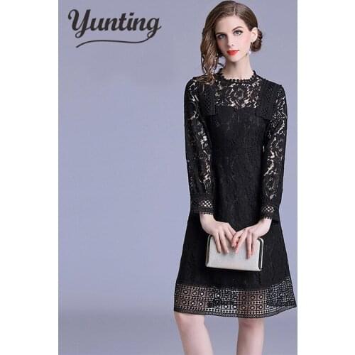 Custom Autumn Black lace runway dresses luxury designer lace hollow out sexy dress