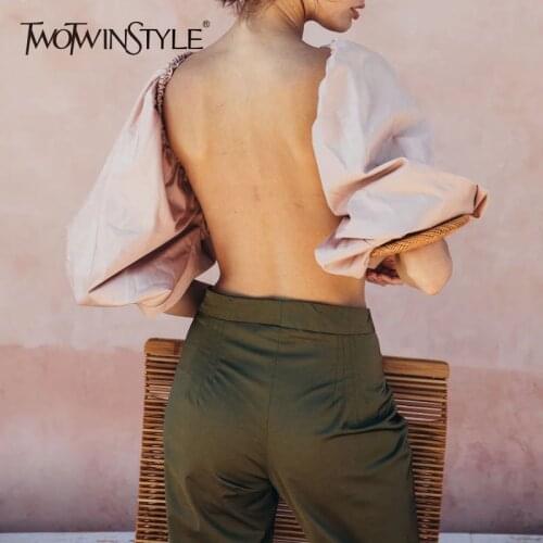 TWOTWINSTYLE Backless Short Shirt Female Slash Neck Lantern Sleeve Large Size Crop Top Blouse 2020 Summer Fashion Sexy Clothing