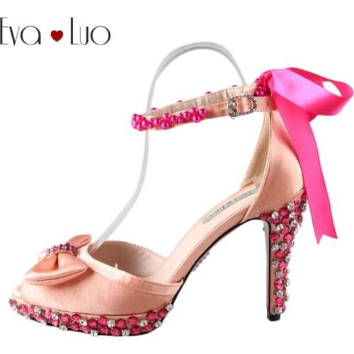 CHS390 Hanmade Peach Crystal Dress Sandals Bridal Wedding Shoes Custom Made Big Size Woman High Heel Sandals Dress Shoes