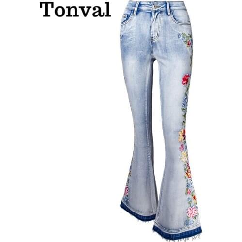 Tonval Floral Embroidered Side Elegant Skinny Flare Jeans Vintage Style Women Light Blue Frayed Hem Streetwear Jeans