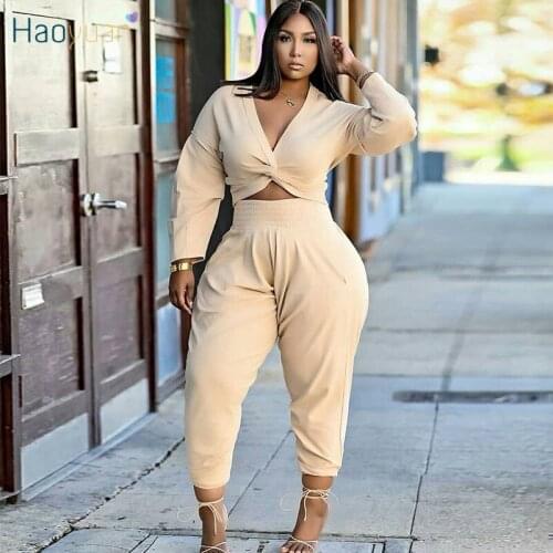 HAOYUAN Plus Size Lounge Suit Long Sleeve Cross Crop Top Sweatpants Tracksuit Women Fall Outfits Casual Two Piece Matching Sets