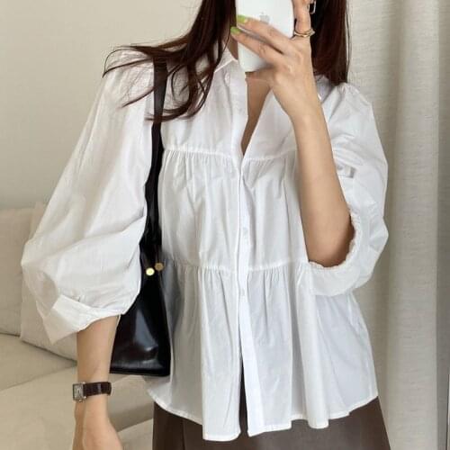 French Vintage Top for Women Clothing 2021 Stitched Bubble Sleeve Button Up Shirt Solid Elegant Fashion Blusas Female white 1023