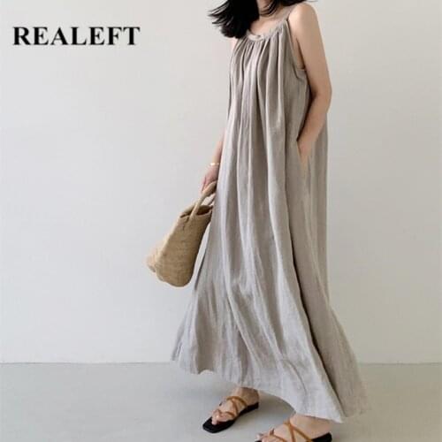 REALEFT Summer 2021 New Cotton and Linen Solid Womens Long Dresses Chic High Waist Loose O-Neck Female Beach Strapless Dress