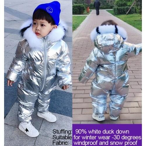 Winter childrens jumpsuit boys and girls down ski jacket thick natural fur collar