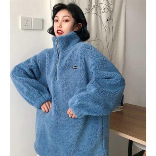 Winter Pullover Sweatshirts Women Harajuku Oversized Hoodies Ladies White Turtleneck Faux Lambswool Streetwear hoodie sw