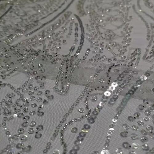 2021 High Quality Luxury French Guipure Beaded Lace with Sequins Swiss African Embroidery Fabric White Tulle Mesh Wedding Dress