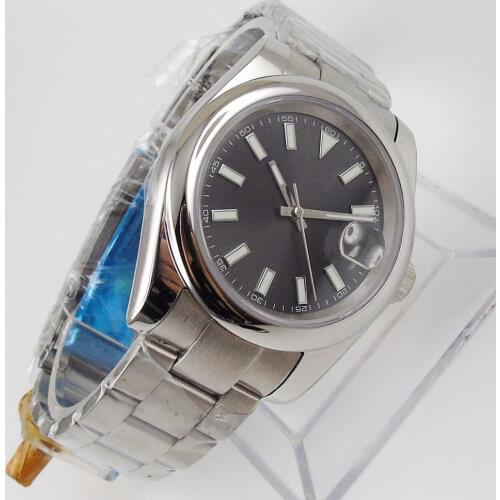 39mm Dress Polished Bezel Gray Dial Automatic Men Wristwatch MIYOTA 8215 Brushed Bracelet Date Magnifier Solid Back