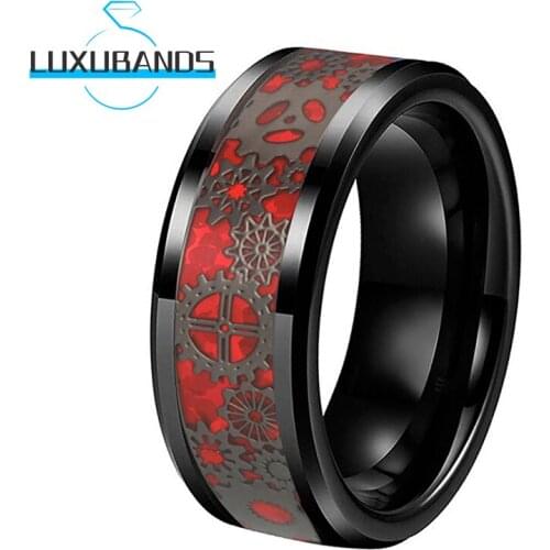 8MM Womens Men Tungsten Wedding Rings Engagement Bands Beveled Edges Red Opal Black Gear Inlay Polished Finished Comfort Fit
