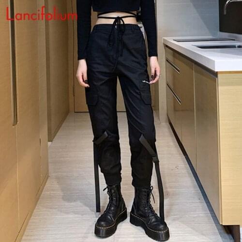 Y2k Punk Black Grunge Gothic Cargo Pants Streetwear Women Spring Summer 2021 High Waist Mall Goth Hippie Techwear Pants Trousers