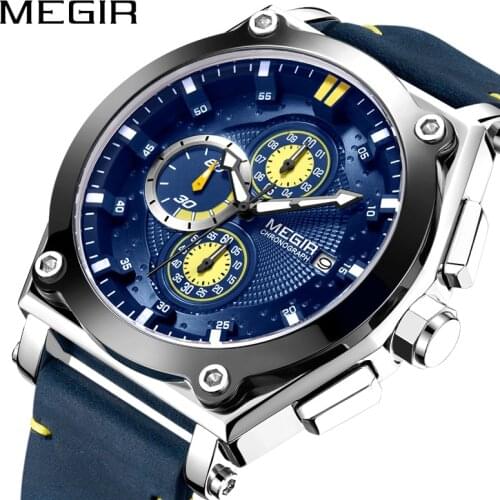 MEGIR Blue Quartz Men Watches Top Brand Leather Strap Chronograph Sport Wrist Watch Men Clock Relogio Masculino Reloj Hombre