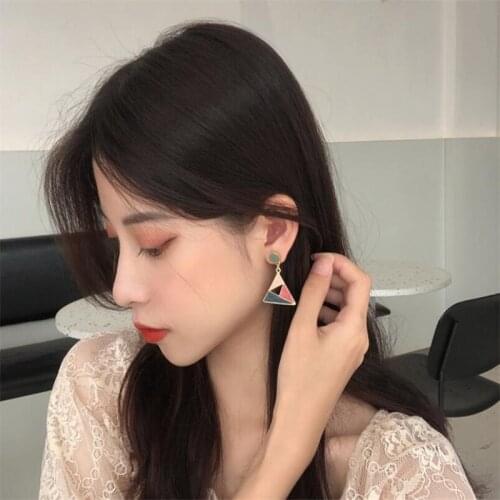European and American S925 needle retro geometry triangle eardrop glaze contrast color earrings Korean temperament simple girl e
