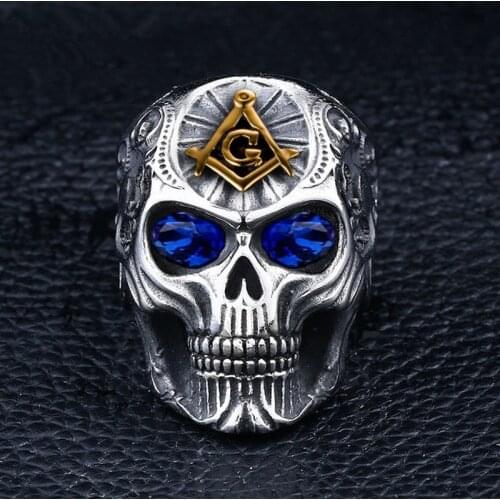 Personality Punk Style Blue Gem Crystal Masonic Skull Ring Motorcycle Freemasonry Party Biker Finger Ring for Men Jewelry