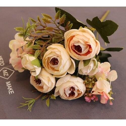 Artificial Silk Tea Rose Fake Flower European Vintage Flowers Tea Rose Bouquet Wedding Home Retro Party DIY Decoration
