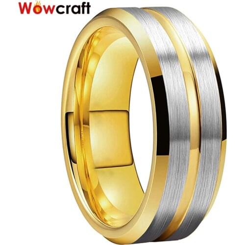 8mm Gold Tungsten Carbide Rings for Men Women Grooved Brushed Wedding Bands Beveled Edges Comfort Fit Free Engrave Inside