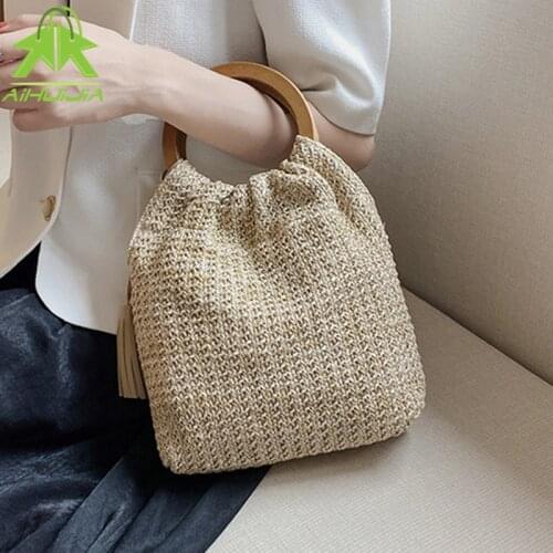 Summer Straw Bag For Women 2021New Bohemian Style Woven Handmade Handbag Large Capacity Lady Tote Vacation Beach Bucket Bag